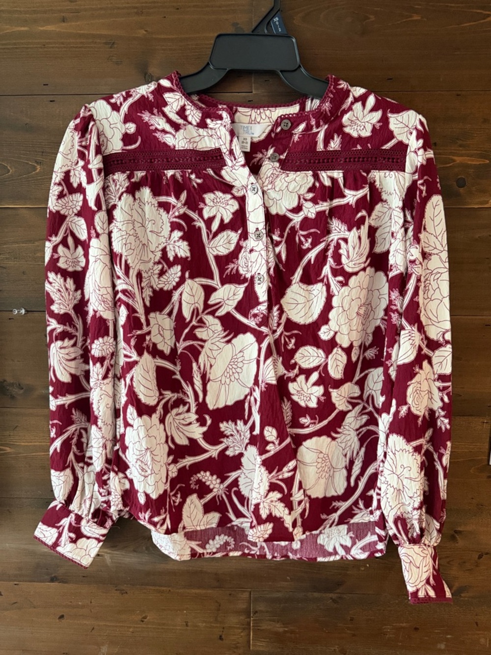 Time and Tru Burgundy and Ivory Floral Button-Front Blouse